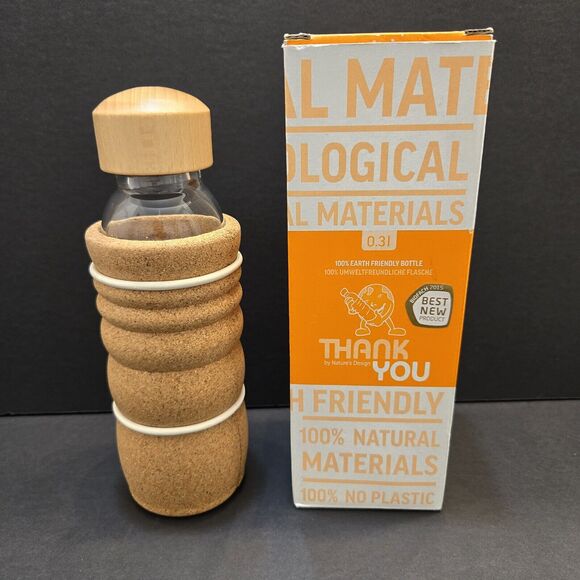 NEW Thank You Brand Drinking Bottle Cork Wrap .3l W/Large Opening Wood Lid - Picture 1 of 14